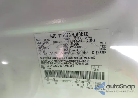 2007 Ford Ranger Stx/Xl/Xlt из США, поврежденный, VIN 1FTYR10D87PA09192